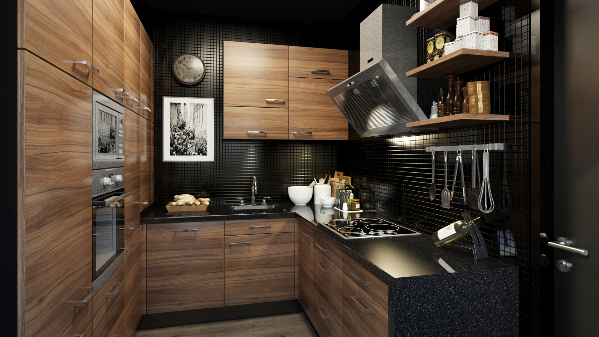 Modern fekete és famintás konyhabútor