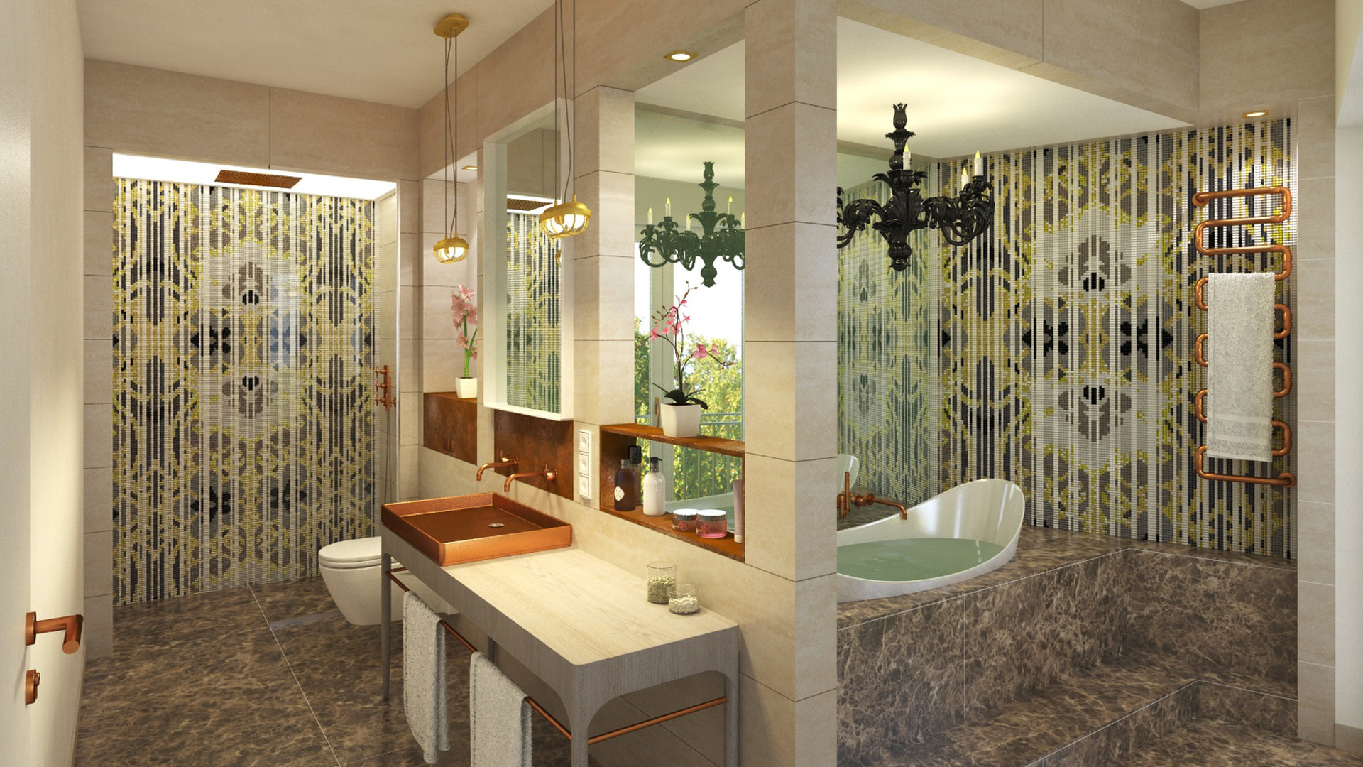 Fürdőszoba szép és egyedi mozaik burkolattal
