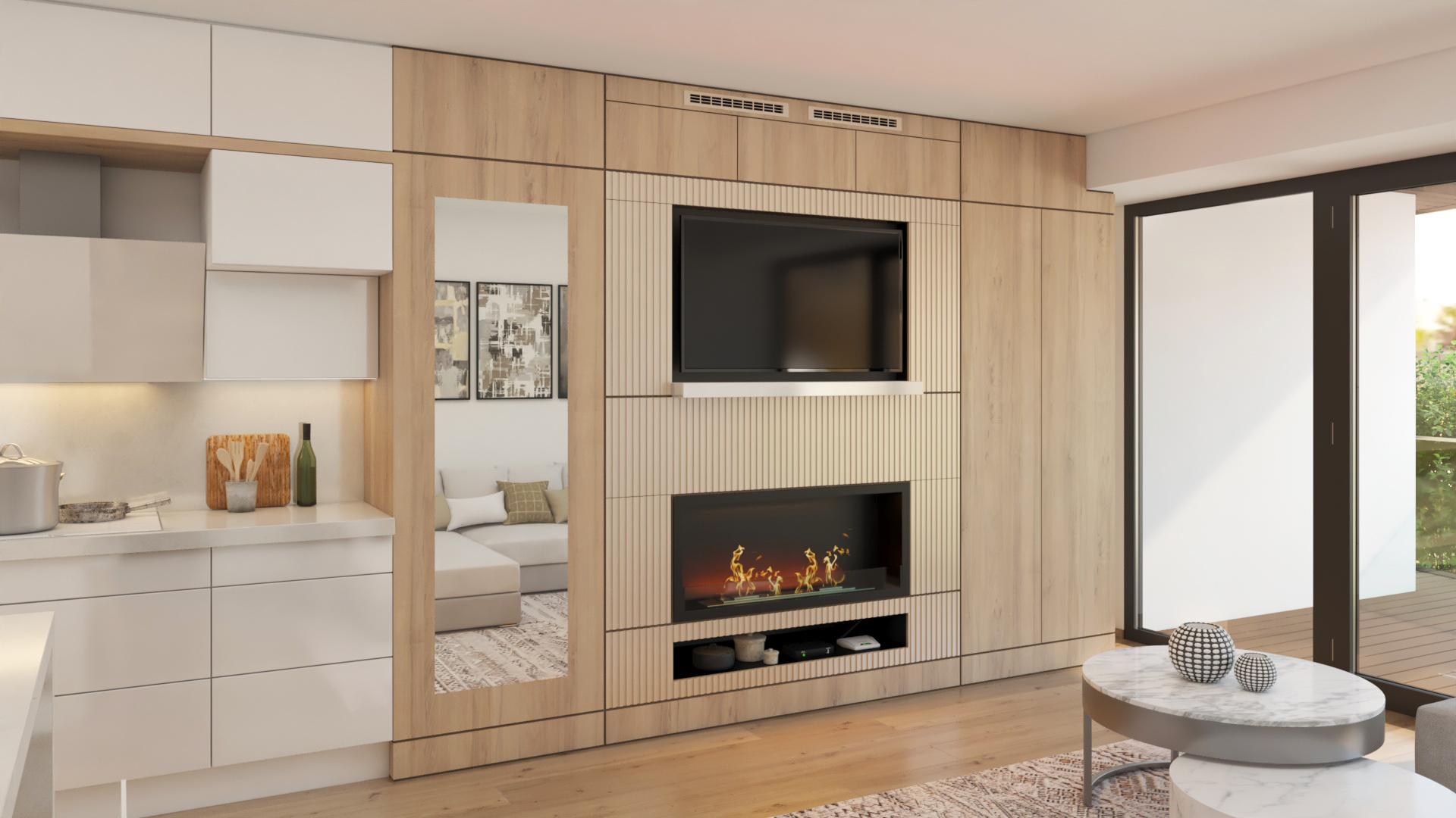 Modern nappali beépített televízióval és biokandallóval
