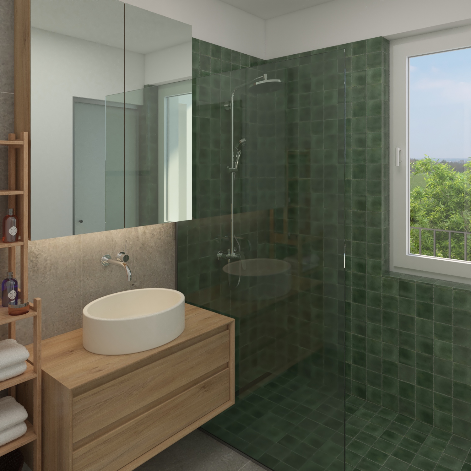 Fürdőszoba zöld csempével és teak szekrénnyel